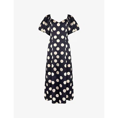 Ro&zo Womens Ink Yasmin Spot-print Puff-sleeve Woven Midi Dress