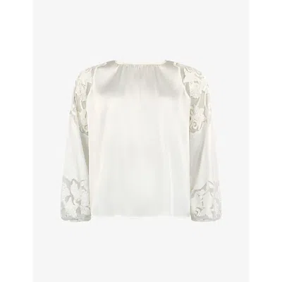 Ro&zo Womens Ivory Lace-insert Long-sleeved Satin Blouse