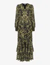 Ro&zo Leopard-print V-neck Recycled-polyester Midi Dress In Green