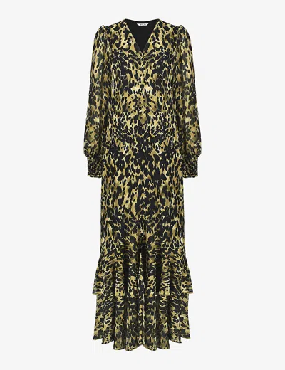 Ro&zo Leopard-print V-neck Recycled-polyester Midi Dress In Green