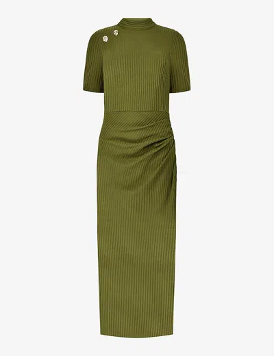 Ro&zo Split-hem Ribbed Stretch-knit Midi Dress In Green