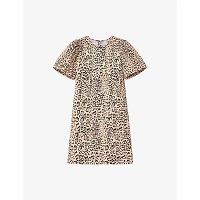 Ro&zo Womens  Leopard-print Puff-sleeved Cotton Mini Dress In Brown