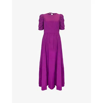 Ro&zo Womens Round-neck Gathered-sleeve Cotton Midi Dress Magenta