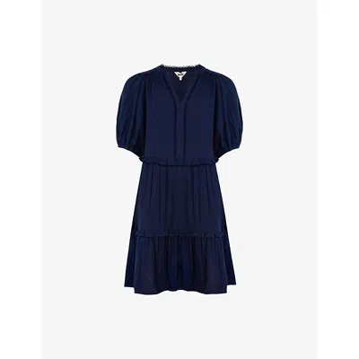 Ro&zo Womens Navy Frilled-trim Cheesecloth-textured Cotton Mini Dress