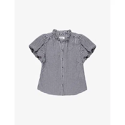 Ro&zo Womens Navy Gingham-print Puff-sleeved Woven Shirt In Black