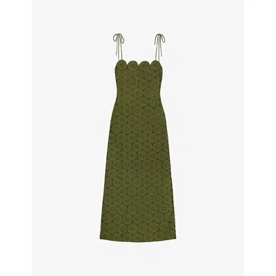 Ro&zo Womens Olive Broderie Tie-shoulder Cotton Midi Dress In Green