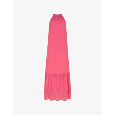 Ro&zo Womens Broderie-hem Halterneck Sleeveless Cotton Midi Dress Pink