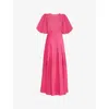Ro&zo Womens Pink Puff-sleeve Shirred-panel Linen-blend Midi Dress