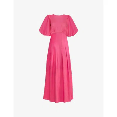 Ro&zo Womens Pink Puff-sleeve Shirred-panel Linen-blend Midi Dress
