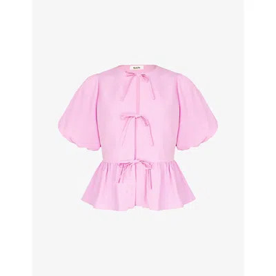 Ro&zo Womens Tie-front Puff-sleeve Cotton Top Pink