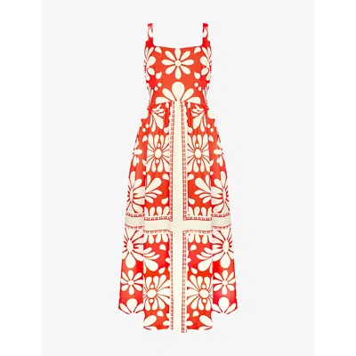 Ro&zo Womens Raya Graphic-print Square-neck Cotton Maxi Dress Red