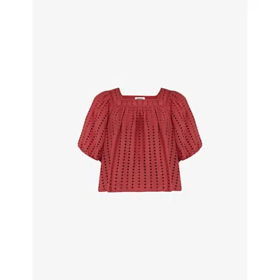 Ro&zo Womens Square-neck Puff-sleeve Broderie Cotton Top Red