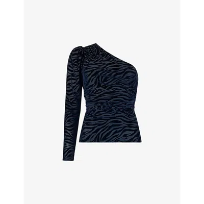 Ro&zo Womens Blue Asymmetric-neckline Puff-sleeve Stretch-woven Top