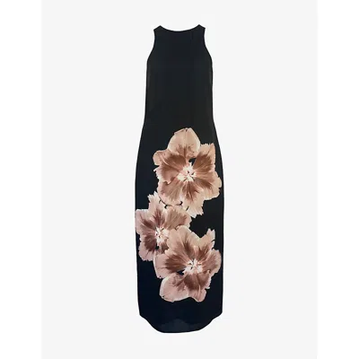 Ro&zo Womens Black Camilla Mono Floral-print Recycled Polyester-blend Midi Dress