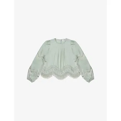 RO&ZO WOMENS GREEN LACE-EMBROIDERED LONG-SLEEVE COTTON BLOUSE