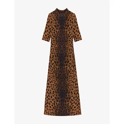 Ro&zo Womens Brown Leopard-print High-neck Jersey Maxi Dress