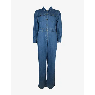 Ro&zo Womens Blue Long-sleeve Button-up Denim Jumpsuit