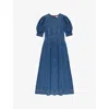 Ro&zo Womens Blue Puff-sleeved Side-pocket Denim Midi Dress In Blue
