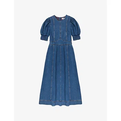 Ro&zo Womens Blue Puff-sleeved Side-pocket Denim Midi Dress