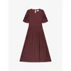 Ro&zo Womens Chocolate Round-neck Puff-sleeve Cotton Midi Dress In Brown