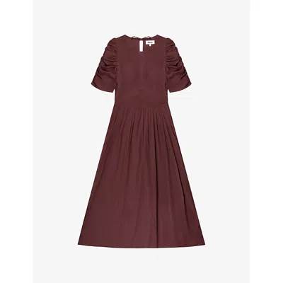 Ro&zo Womens Chocolate Round-neck Puff-sleeve Cotton Midi Dress In Brown