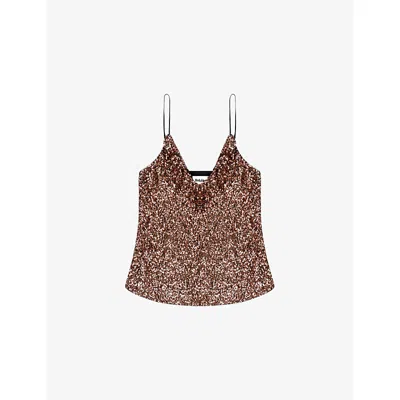 Ro&zo Womens Brown Sequinned Ruffle-neck Stretch-woven Cami