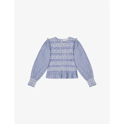 RO&ZO WOMENS BLUE SHIRRED LONG-SLEEVE EMBROIDERED COTTON BLOUSE