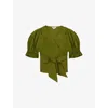 Ro&zo Womens Khaki Wrap-front Puff-sleeved Cotton-poplin Top In Multi