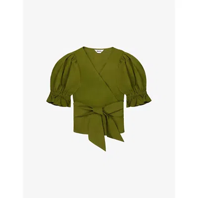 Ro&zo Womens Khaki Wrap-front Puff-sleeved Cotton-poplin Top In Multi