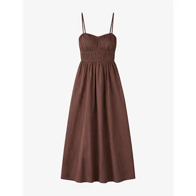 Ro&zo Womens Ruched Sweetheart-neck Cotton Midi Dress Chocolate