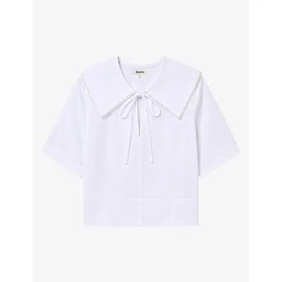 Ro&zo Womens Statement-collar Short-sleeve Cotton-poplin Blouse White
