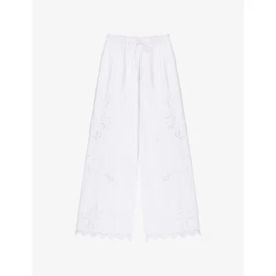 Ro&zo Womens White Broderie Wide-leg Cotton-blend Trousers In Multi