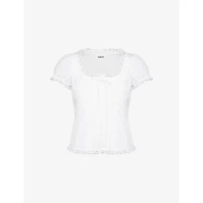 Ro&zo Womens Lace-trim Puff-sleeve Cotton Blouse White