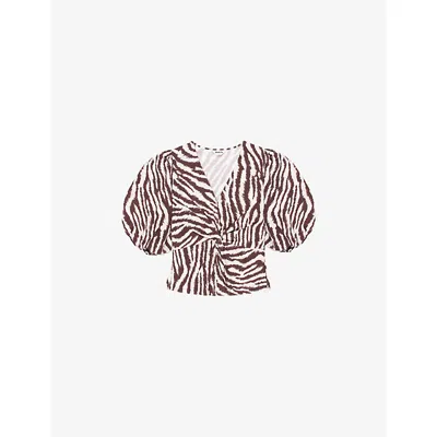 Ro&zo Womens Zebra-print Twist-front Cotton Top Brown