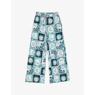 Ro&zo Womens Zodiac-print Wide-leg Woven Trousers Blue