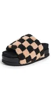 Roam Fuzzy Checker Stack Slides Black/beige In Black/beige