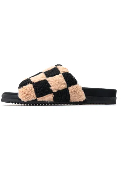 Roam Women's Fuzzy Check Slides In Beige & Black Faux Shearling In Multi