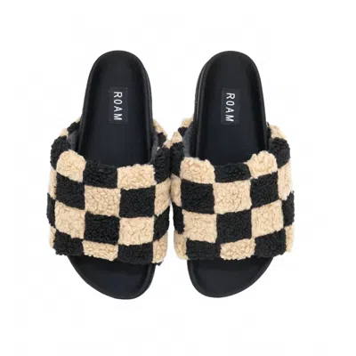 Roam Women's Fuzzy Checkered Slides In Black