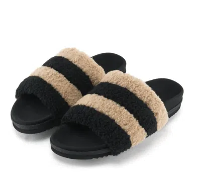 Roam Women's Fuzzy Stripes Slides In Beige & Black Faux Shearling In Multi