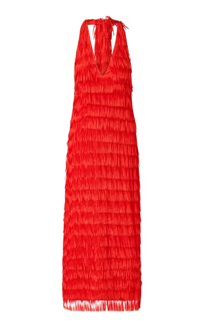Roame. Roame Ischia Fringe Halter Maxi Dress In Red