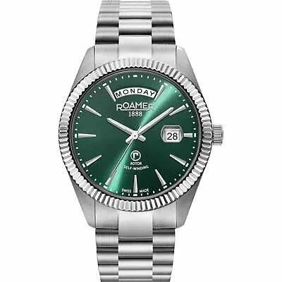 Pre-owned Roamer 981662 41 75 90 Primeline Automatic Green Dial Wristwatch In Silver/green