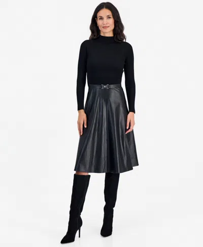 Robbie Bee Petite A-line Long-sleeve Mock Neck Sweater Dress In Black