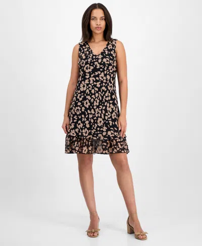 Robbie Bee Petite Animal-print V-neck Sleeveless Dress In Brown