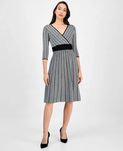 Robbie Bee Petite Belted Surplice V-neck Sweater Dress In Gray