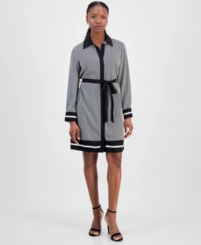 Robbie Bee Petite Border-print Belted Dress In Black