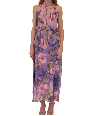 Robbie Bee Petite Chiffon Floral-print Maxi Dress In Purple Multi