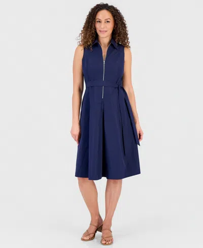 Robbie Bee Petite Cotton Zip-front Belted Sleeveless Dress In Blue