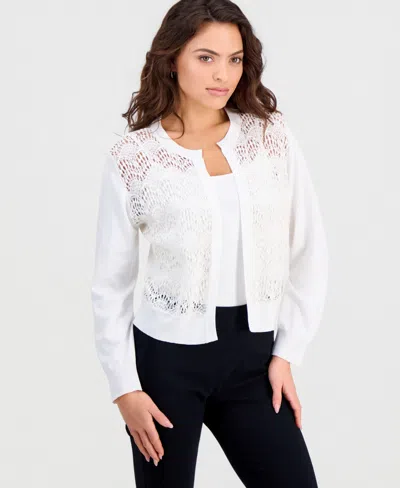 Robbie Bee Petite Crochet Open-front Long-sleeve Shrug In White