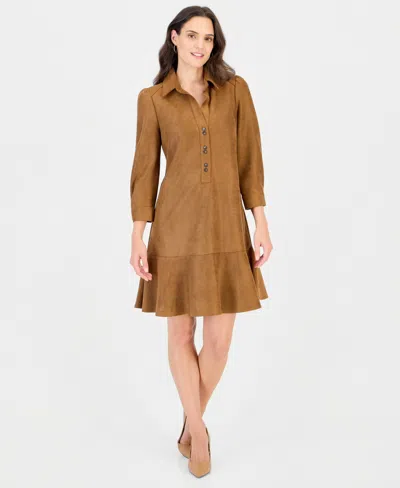 Robbie Bee Petite Faux-leather Shift Dress In Cognac