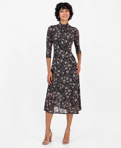 Robbie Bee Petite Floral Chiffon Midi A-line Dress In Olive.tan.wht
